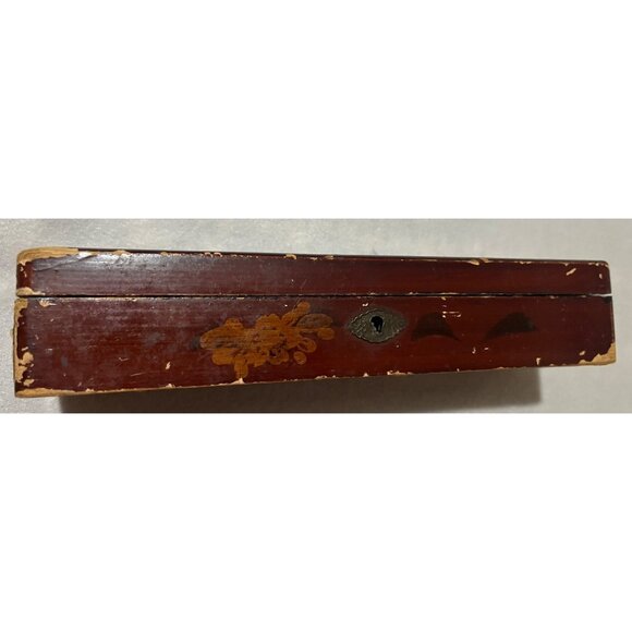 OLD ANTIQUE CHINESE HAND PAINTED WOOD BOX HAND MADE HINGES & TACKS 1800's - Picture 3 of 11